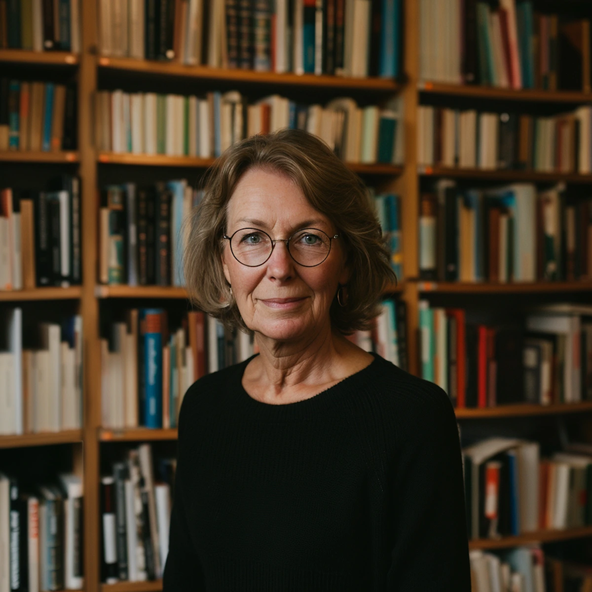 Author standing in front of a bookshelf